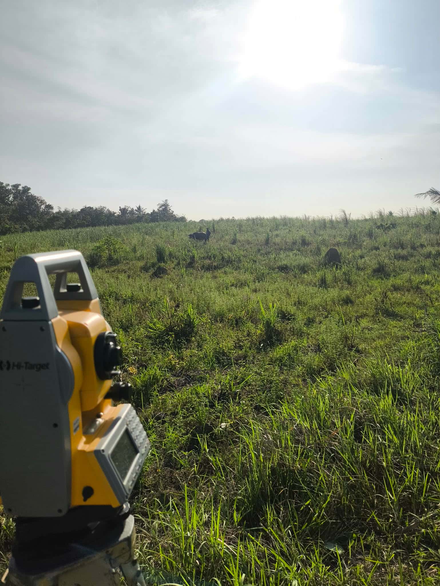 Hi-Target total station overlooking an open grass field during a relocation survey